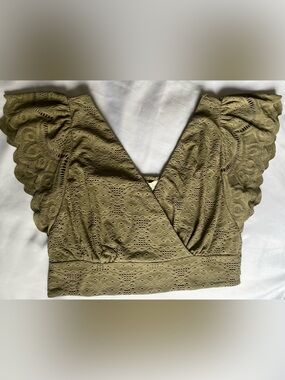Urban Romantics Olive Eyelet Lace Crop Top Flutter Sleeve Boho